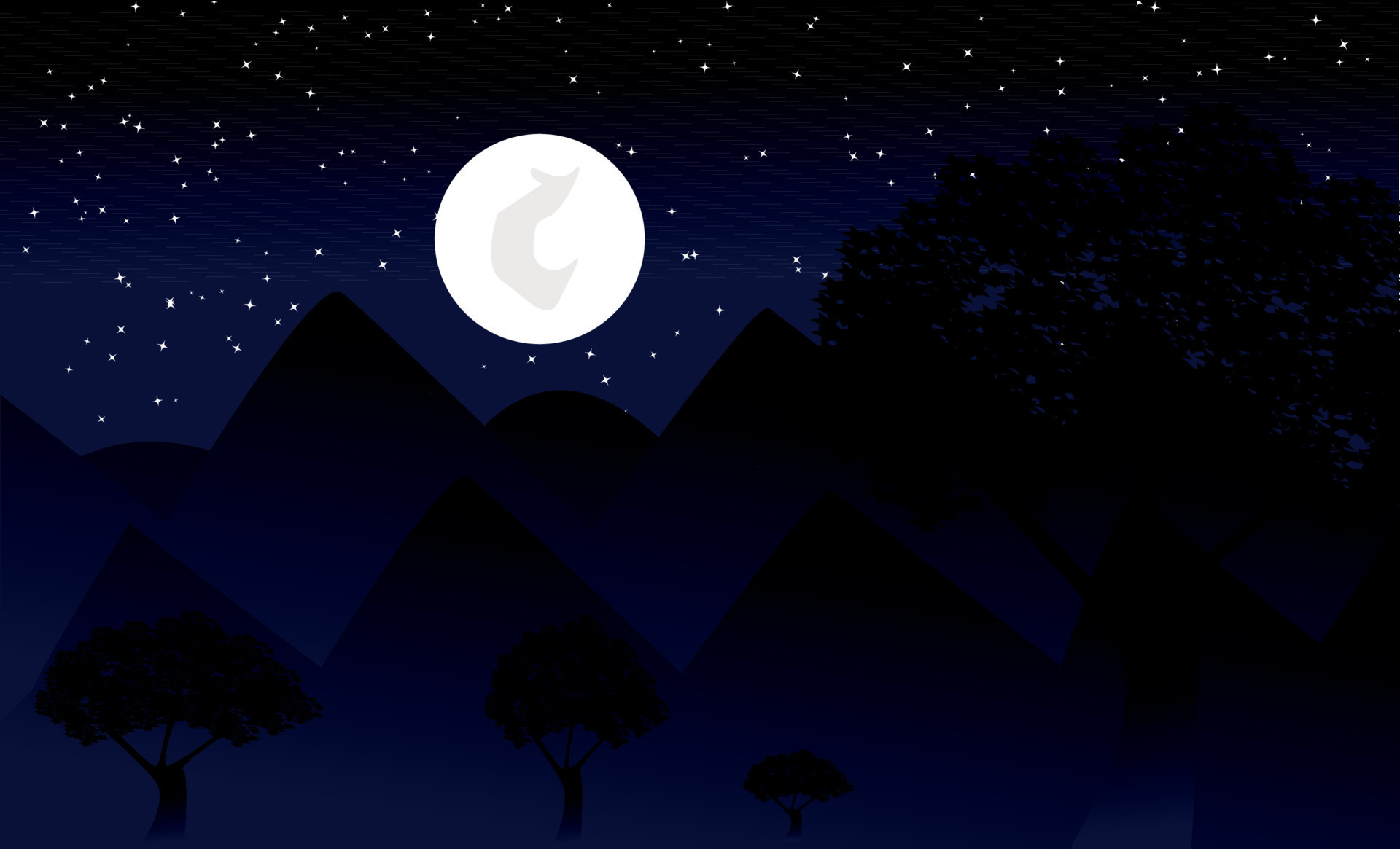 Vector background illustration of a night mountain landscape with trees ...