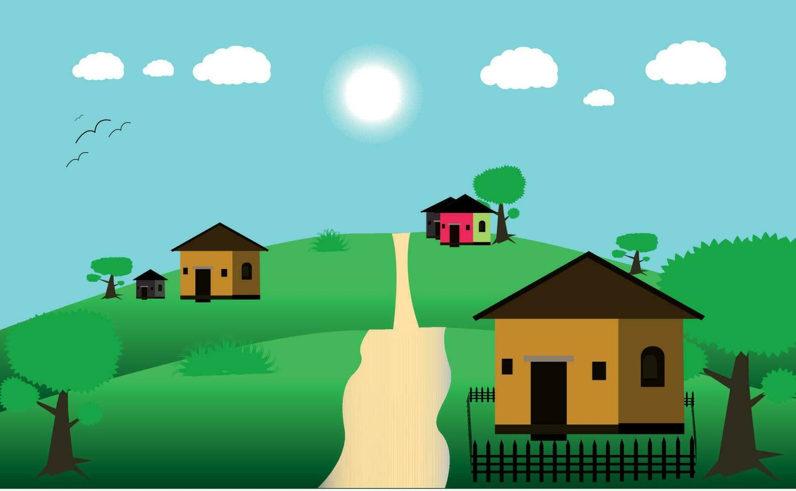 vector ilustración de un hermosa casa y hogar. paisaje antecedentes , pueblo estilo vistoso arboles verde césped azul cielo. linda sencillo dibujos animados estilo