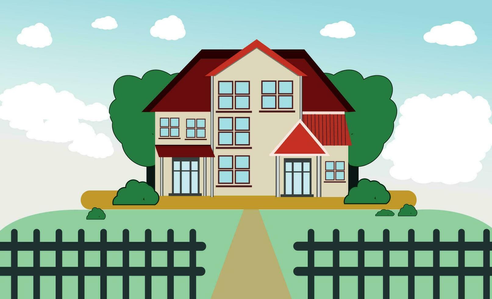A house along the road. Part of the rural landscape. Vector illustration in flat style. green sky