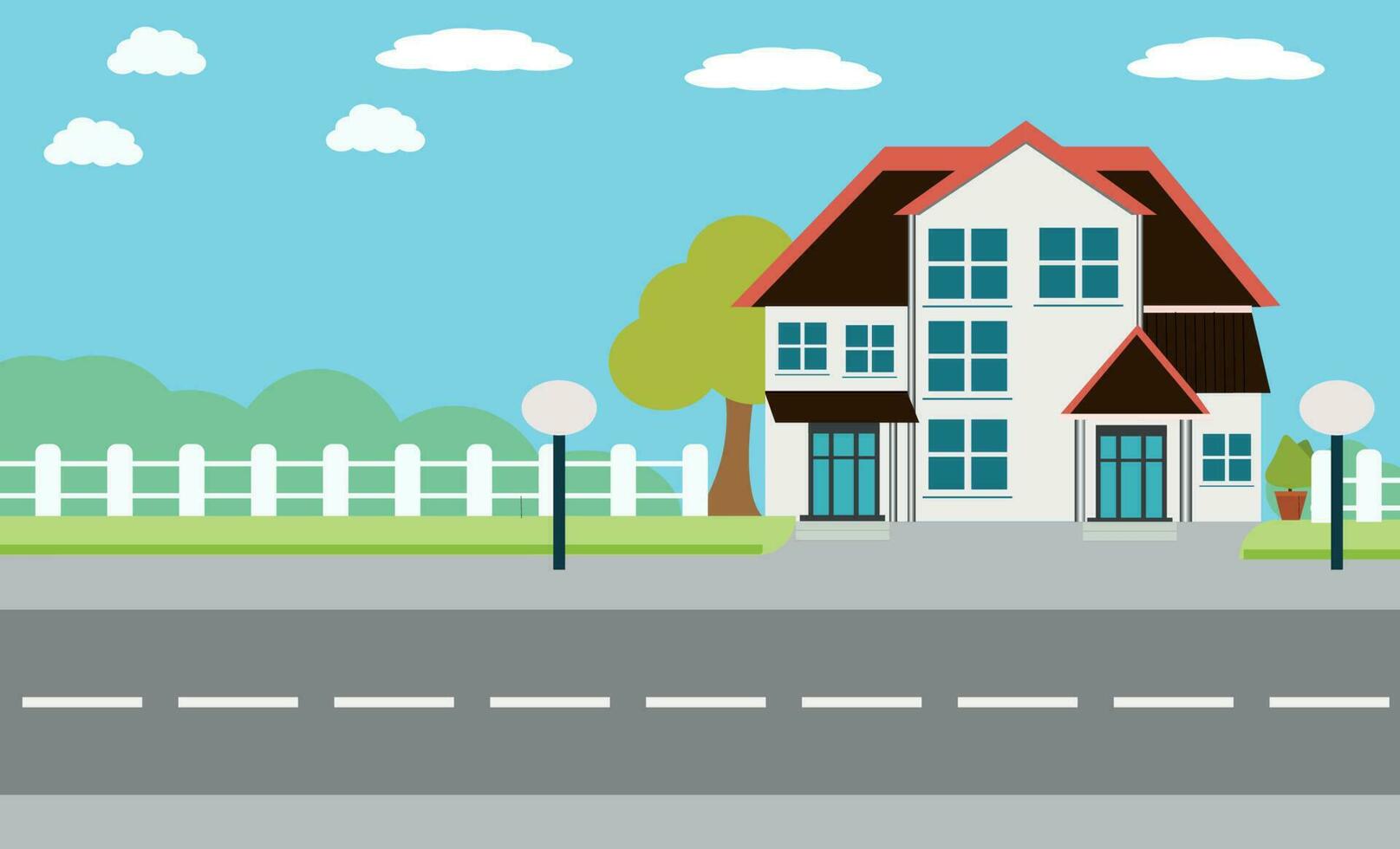 A house along the road. Part of the rural landscape. Vector illustration in flat style.