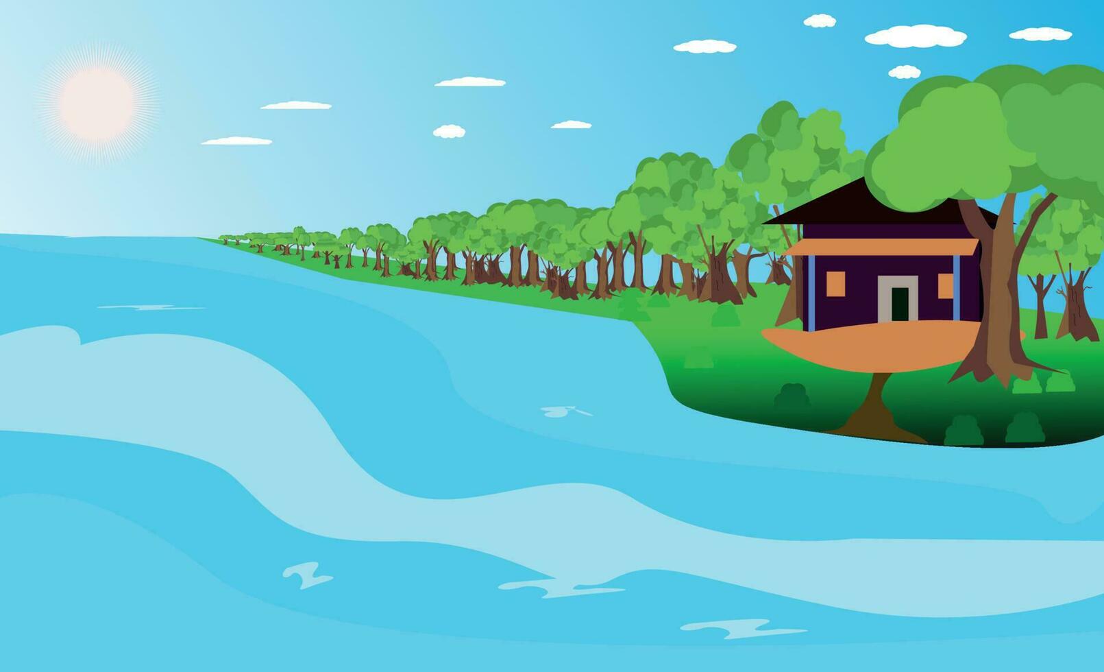 Vector illustration of a beautiful summer. sun river home and colourful tree