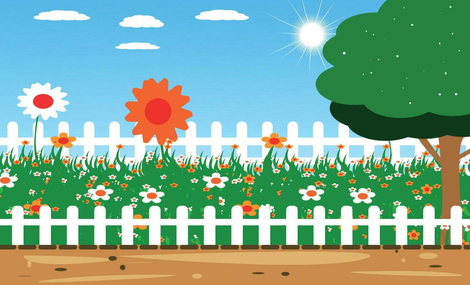 primavera paisaje con flores jardín , vector ilustración antecedentes , verde cielo vistoso árbol ,lindo dibujos animados estilo ,