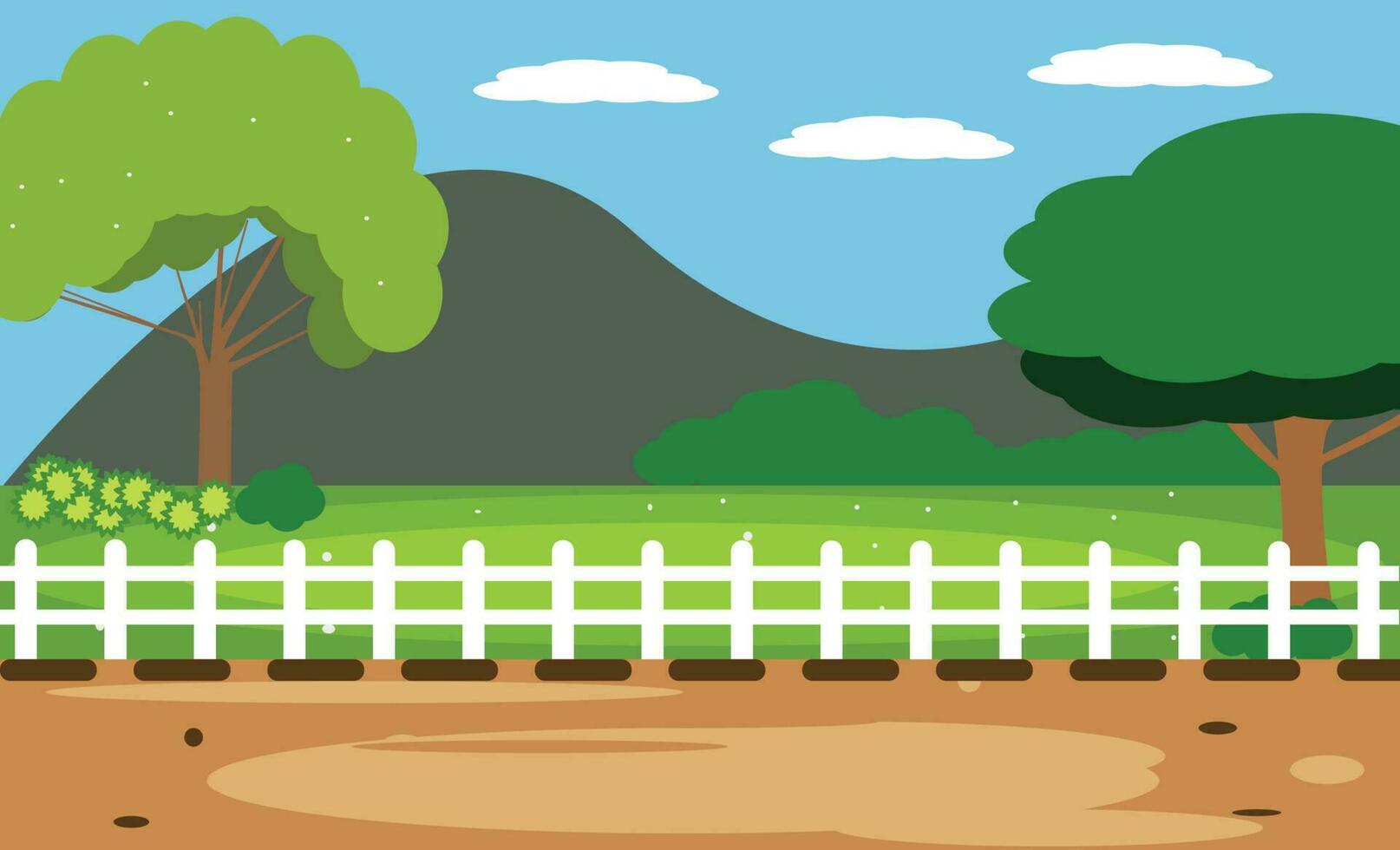 Nature landscape vector illustration with cartoon style. Beautiful spring landscape cartoon with green grass and blue sky, flowers and mountain