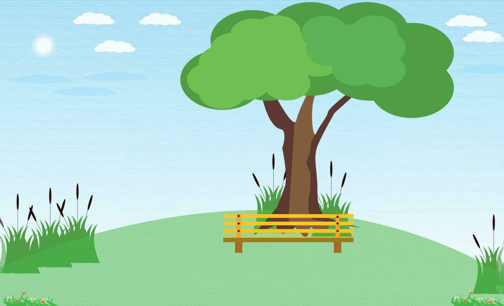 Vector illustration of bench and colorful trees green grass and  flowers with skyscrapers background in spring