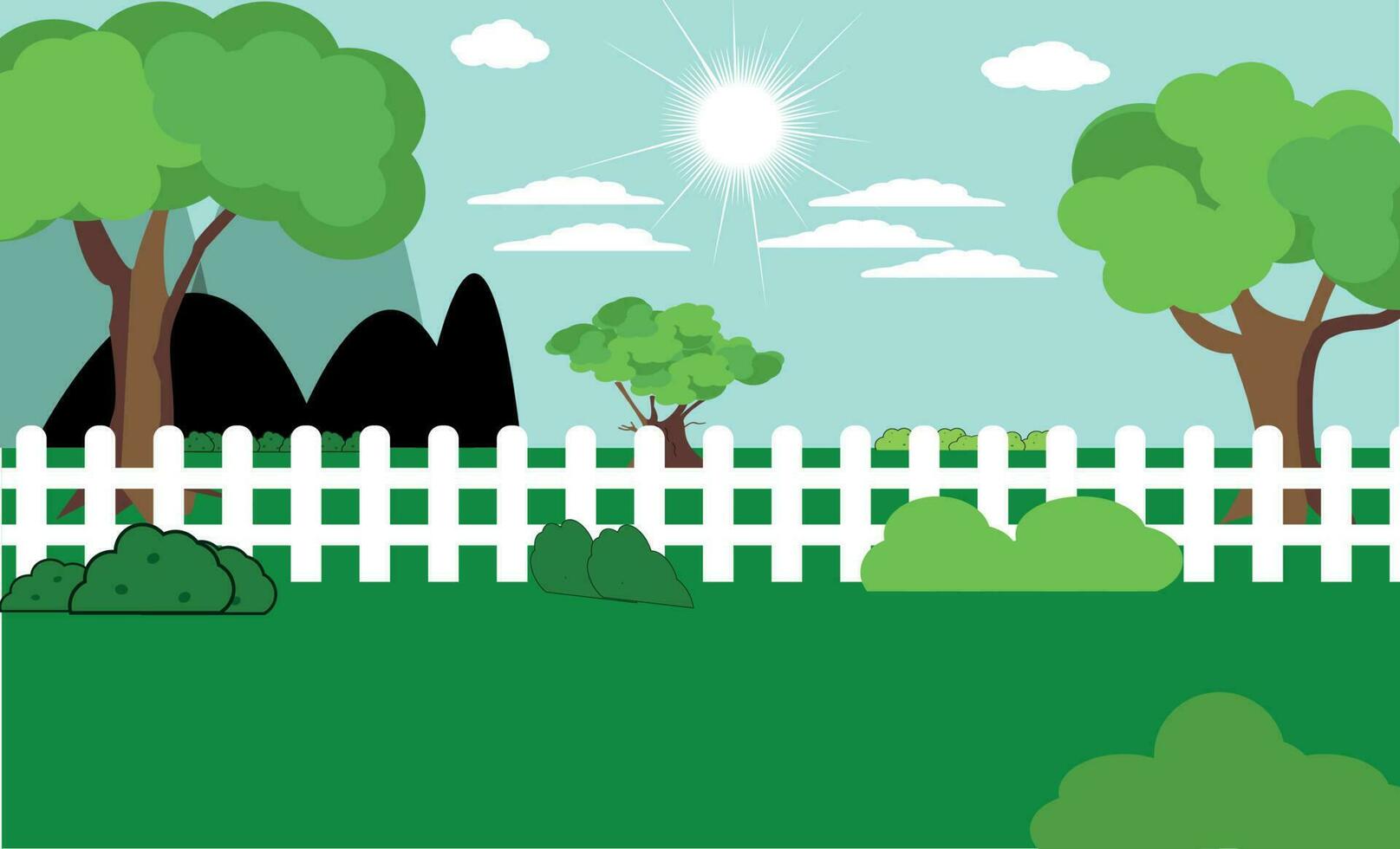 Empty park landscape scene with many trees illustration and mountain green sky cute cartoon style vector