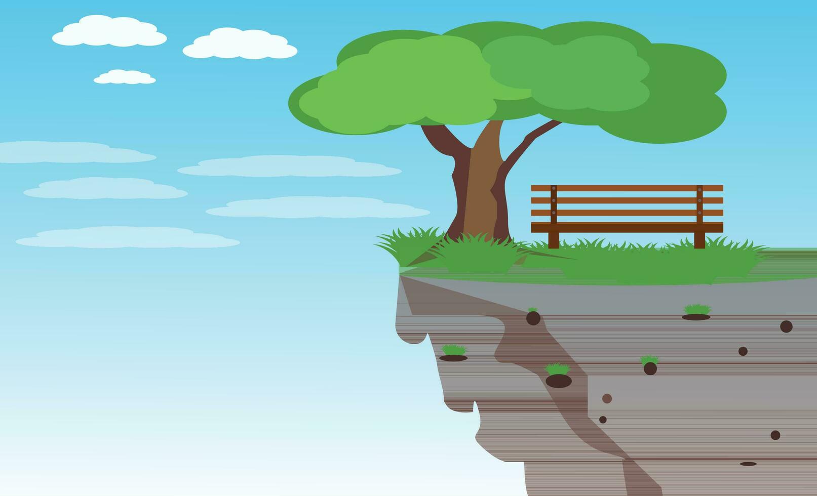 Vector illustration landscape background with bench and colorful trees green grass and blue sky.