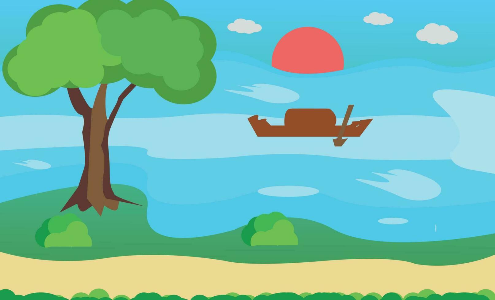 Vector illustration landscape background. road green grass  sun boat  and colorful trees blue sky, simple cartoon style