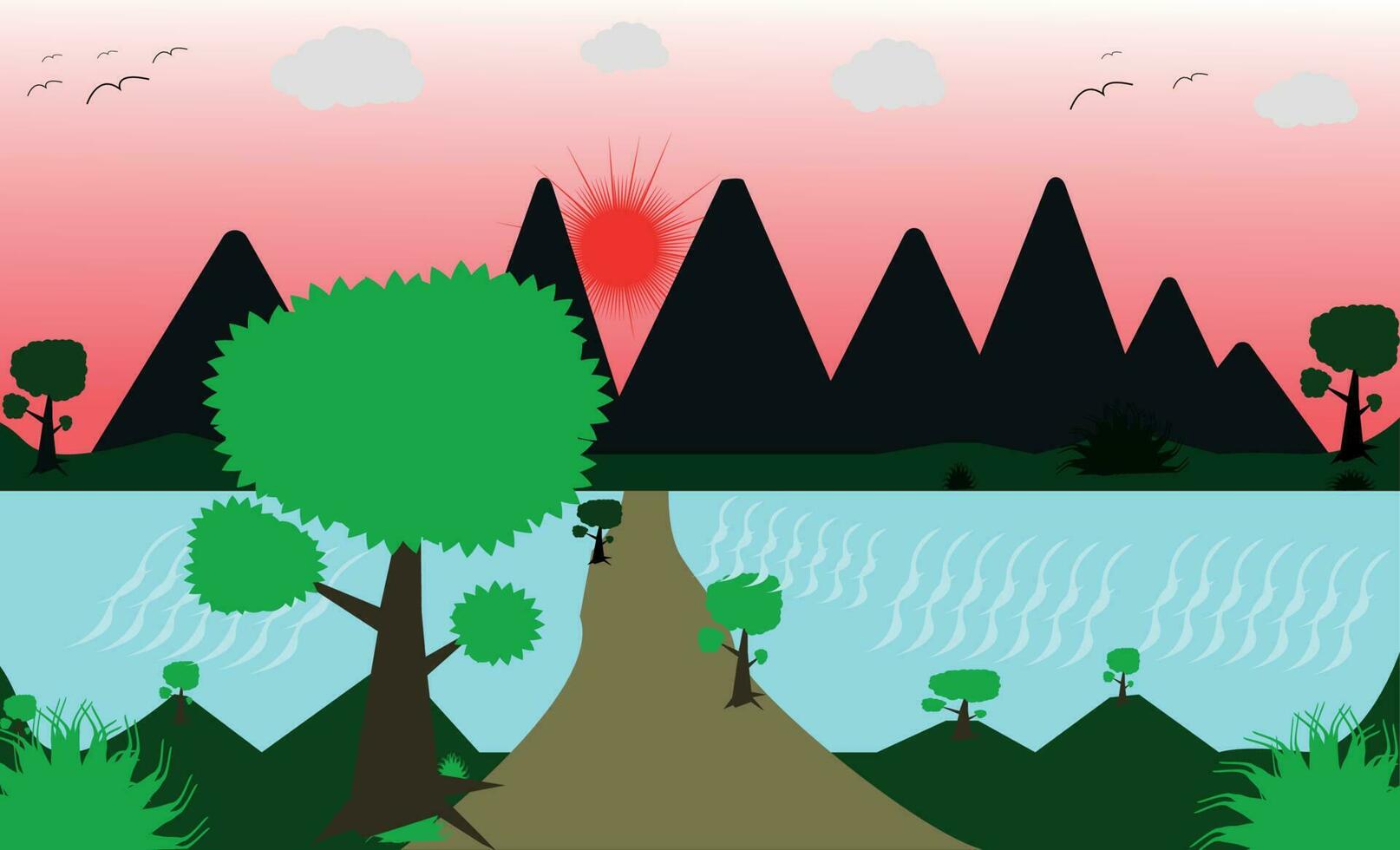 Vector illustration of a beautiful summer home, eps modern mountains green grass red sun and sky. simple cartoon style