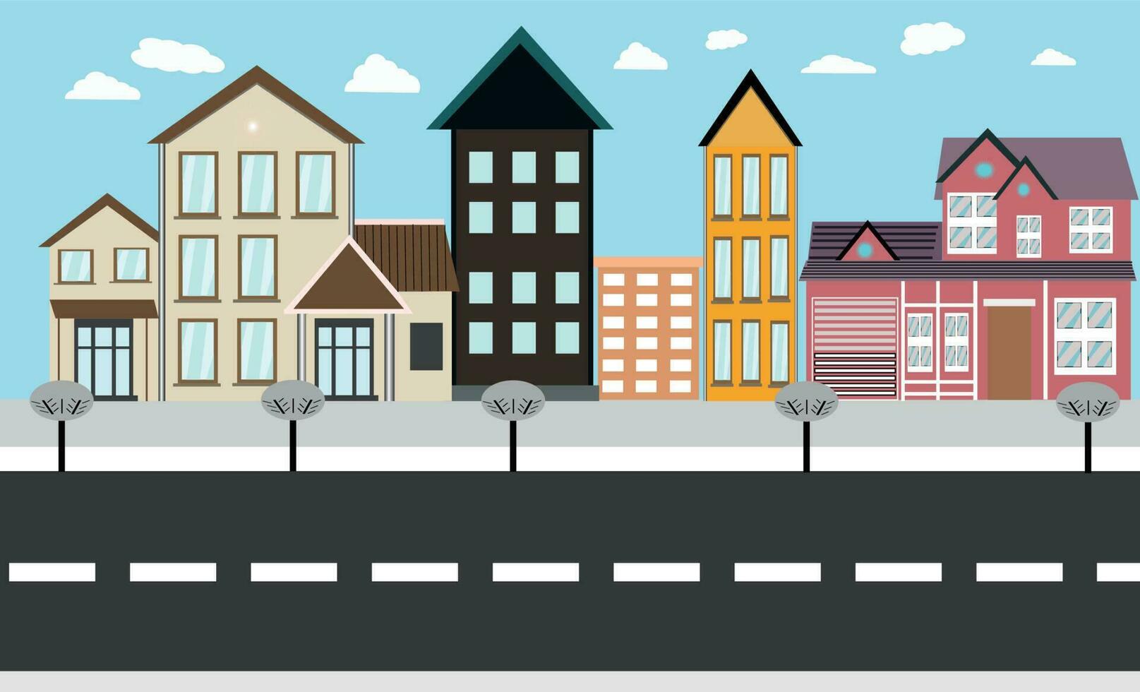 Background scene with road to city illustration home and Colorful Family Houses vector