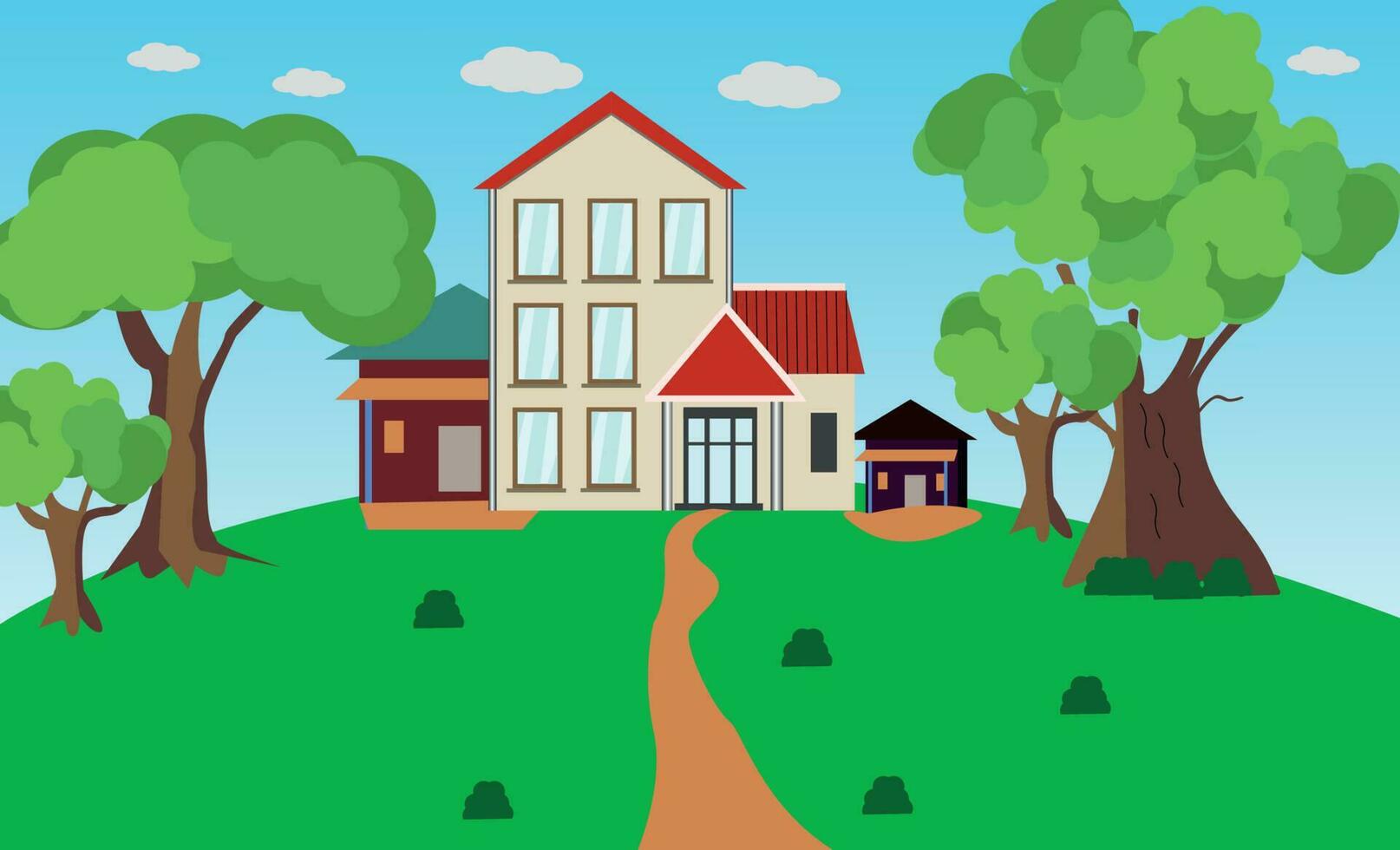 vector ilustración plano estilo campo familia casa con patio interior césped concepto. vistoso arboles y césped, verde cielo ,lindo dibujos animados estilo