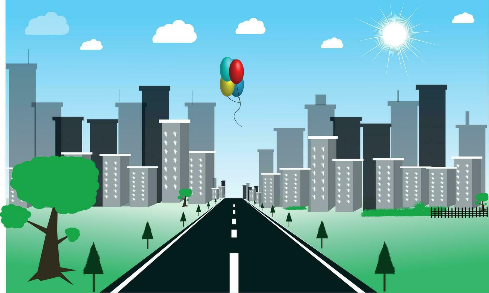 Background scene with road to city  illustration buildings and green sky. vector