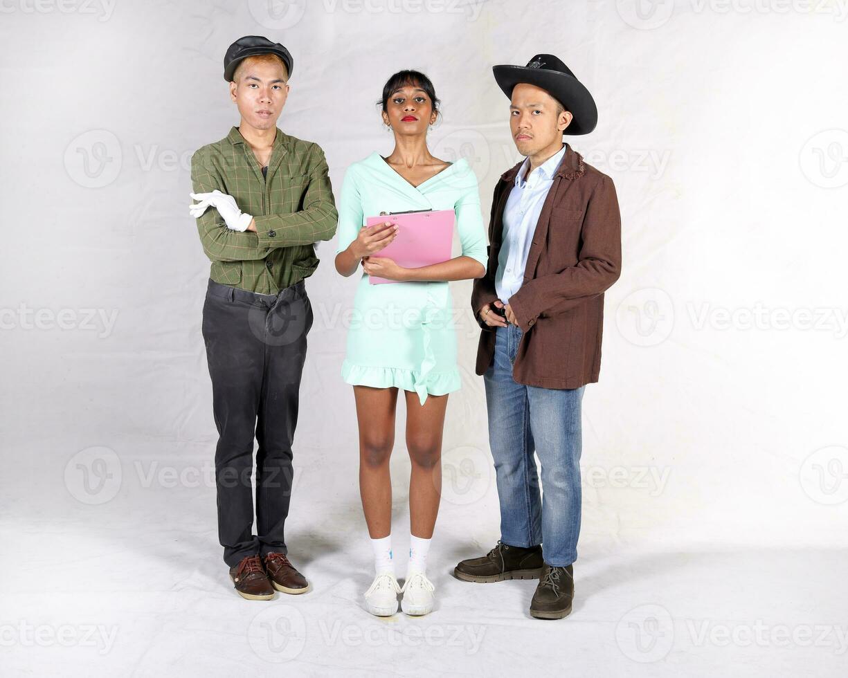 Young aisan man woman drama acting theatre student performing rehearsal expression pose photo