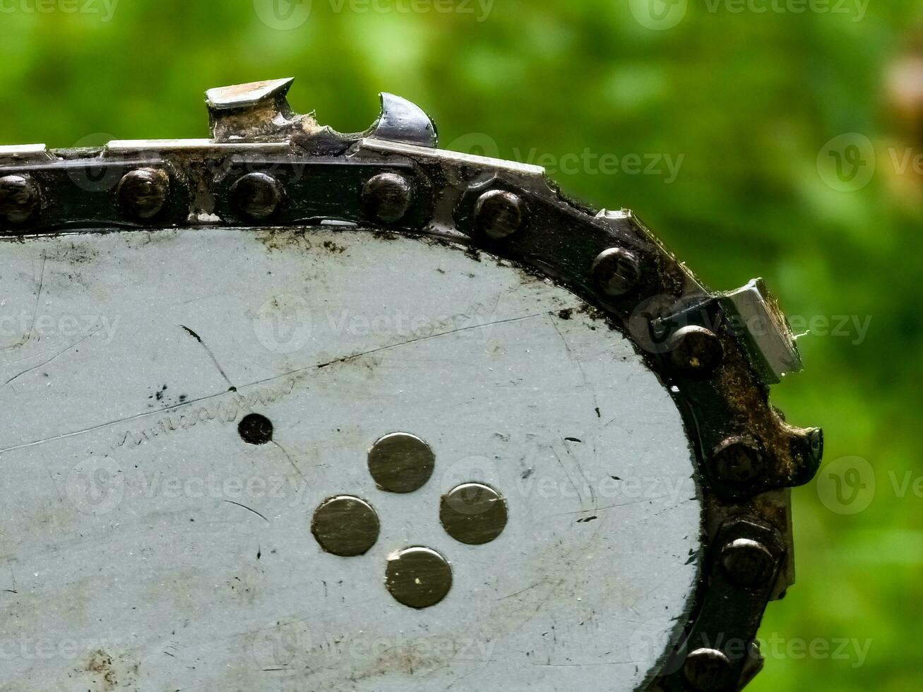 afilado agudo dientes de un eléctrico Sierra cadena en un borroso verde antecedentes. foto