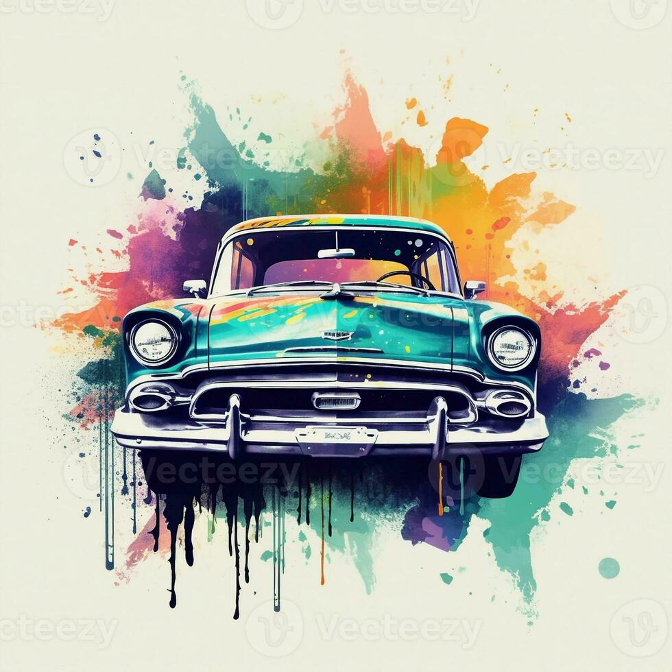 Classic car in beach scene, watercolor palm beach tropical background. ai art photo