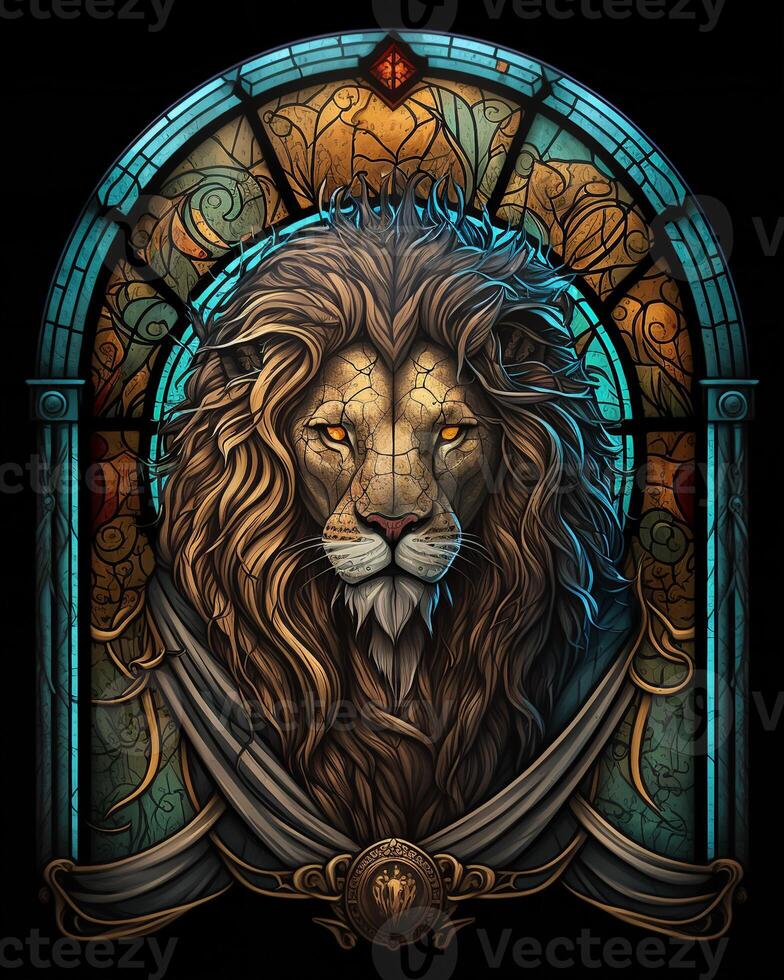 Stained glass window style Lion art , photo