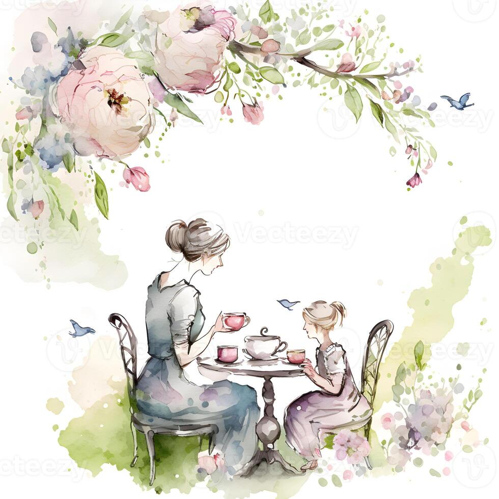 mothers day art, watercolor mother and daughter, photo