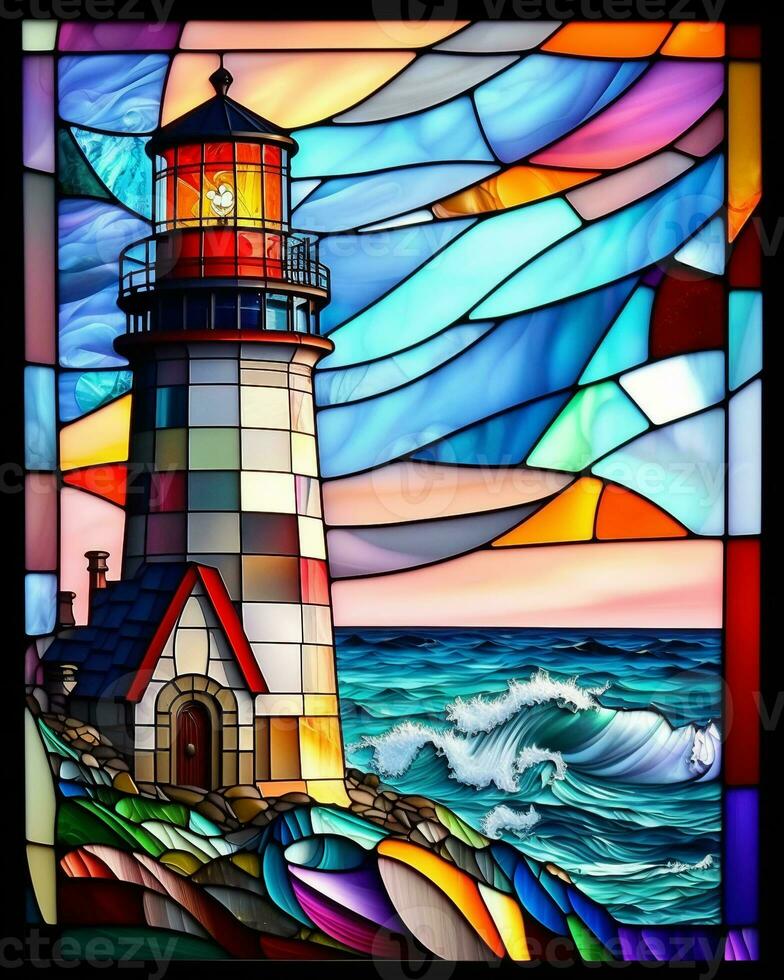 Stained glass light house ai art photo