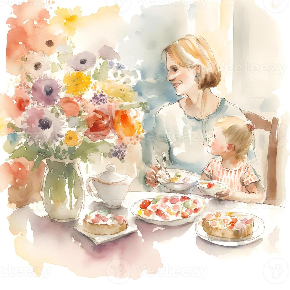 mothers day art, watercolor mother and daughter, photo