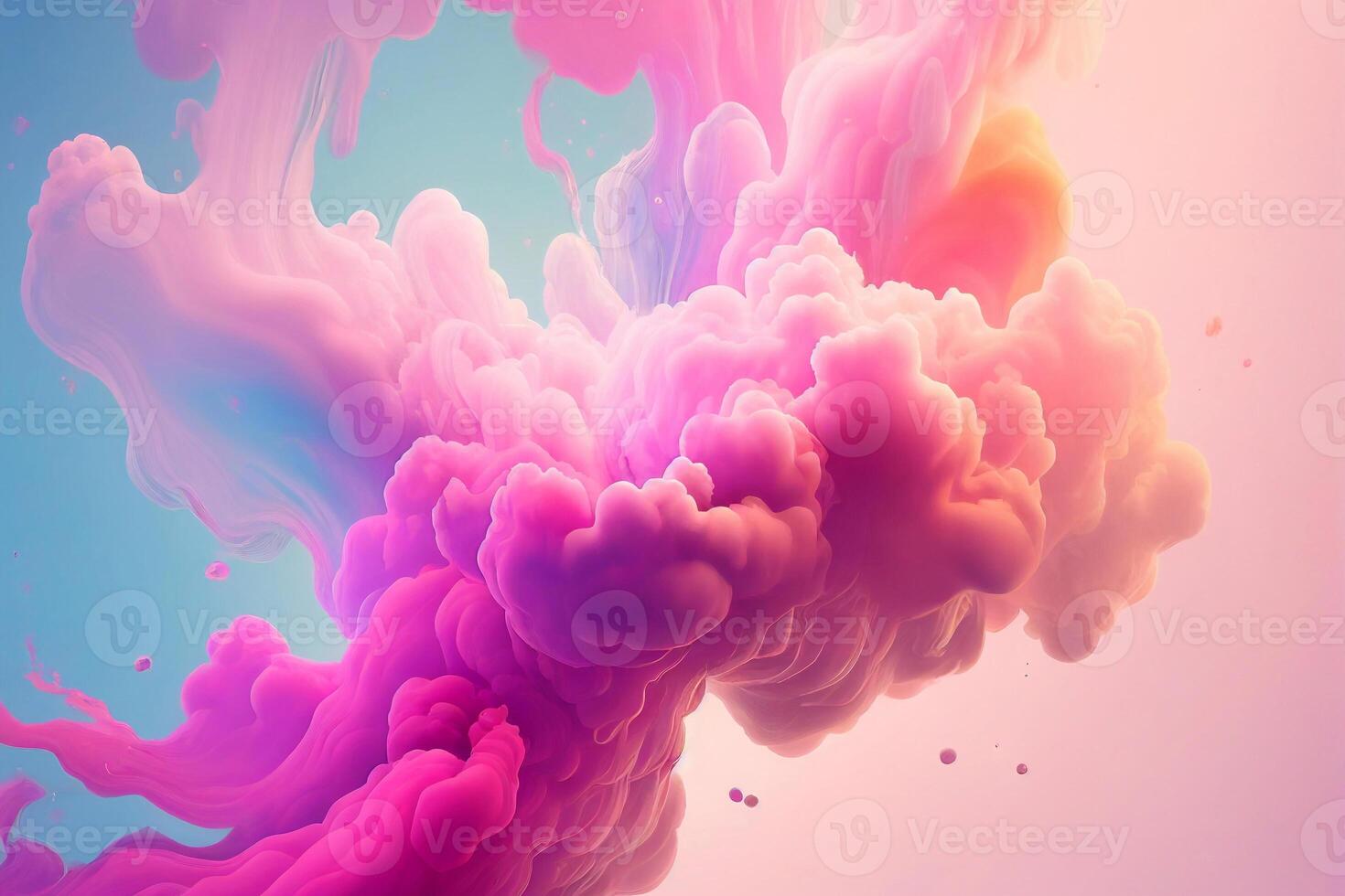 Abstract iridescent gradient ink drops motion in water 3d illustration. Gentle clouds background in fantasy style. photo