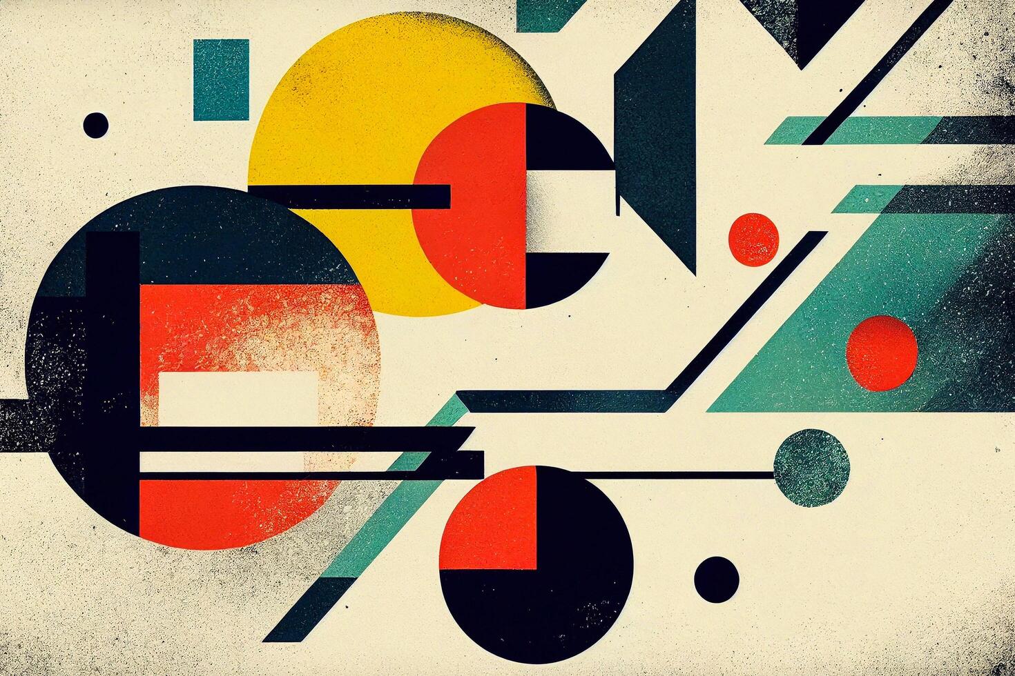 Abstract colorful geometric shape Bauhaus style background. Retro vintage illustration with noise and sprayed texture overlay. photo