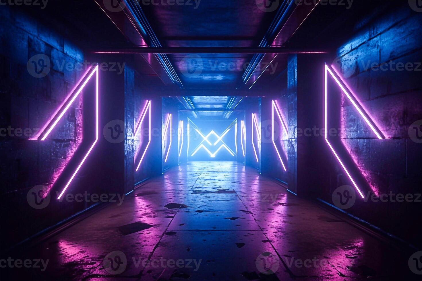 Sci-Fi futuristic room with neon cyberpunk 3D background. photo