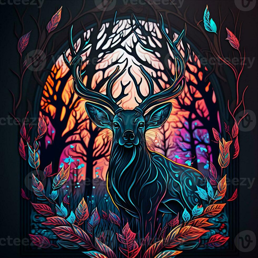 Stained glass deer in forest, ai art photo