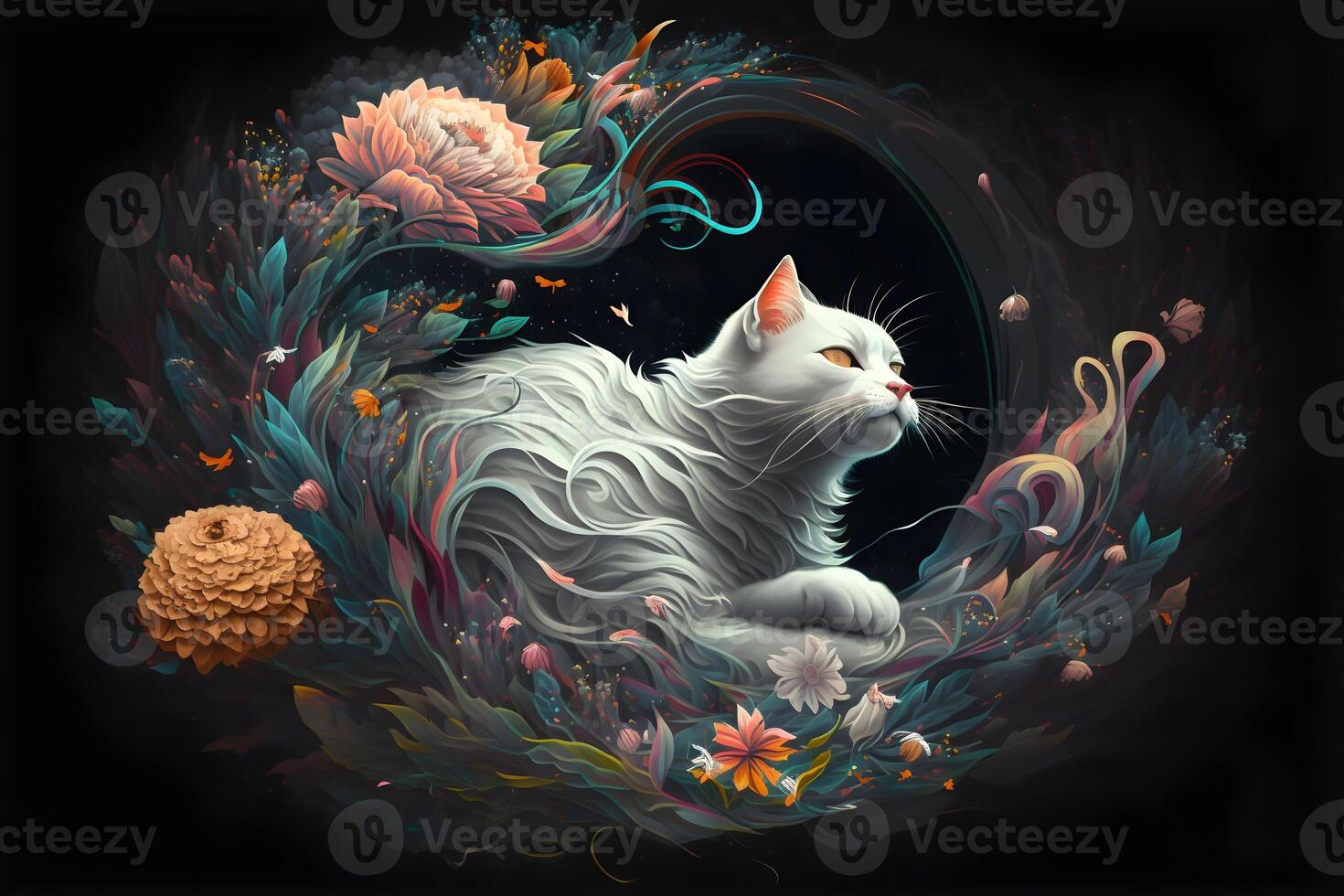 white cat spell in the dark, photo