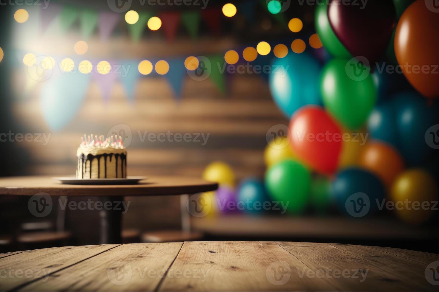 cumpleaños pastel se sienta en parte superior de de madera mesa con vistoso globos generativo ai foto