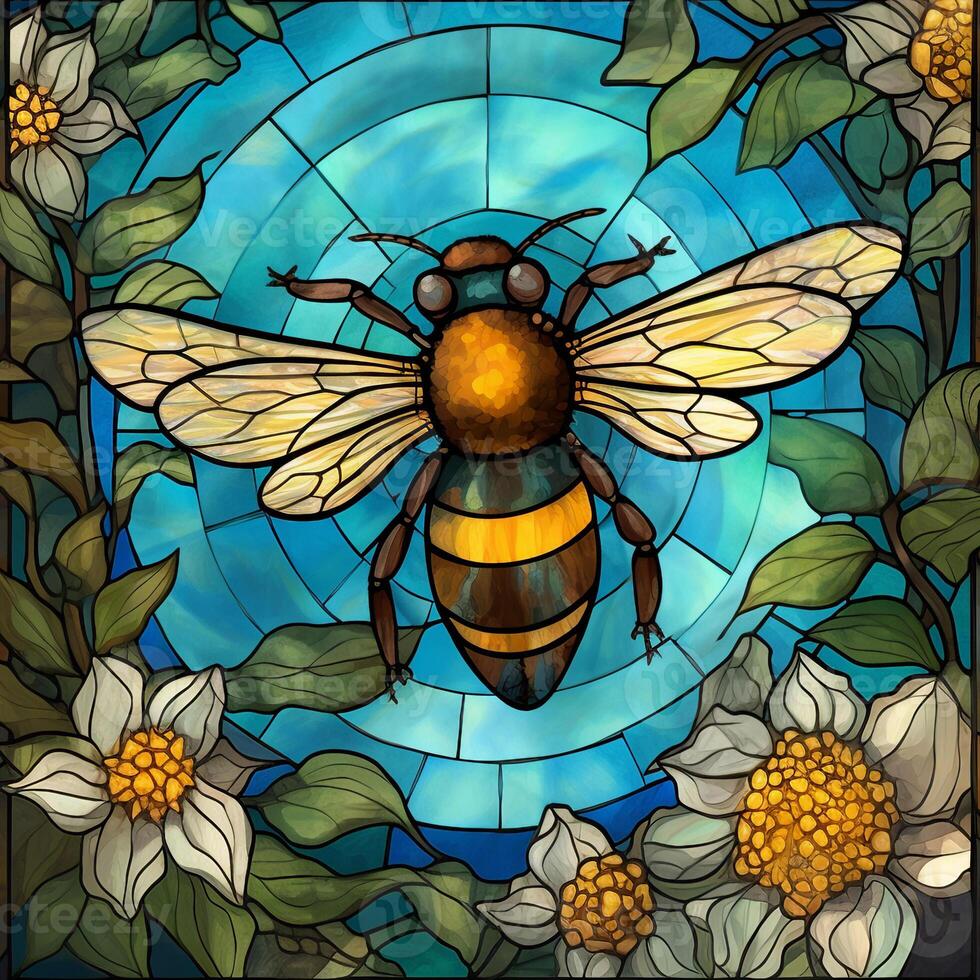 stained glass window style bee with flowers, photo