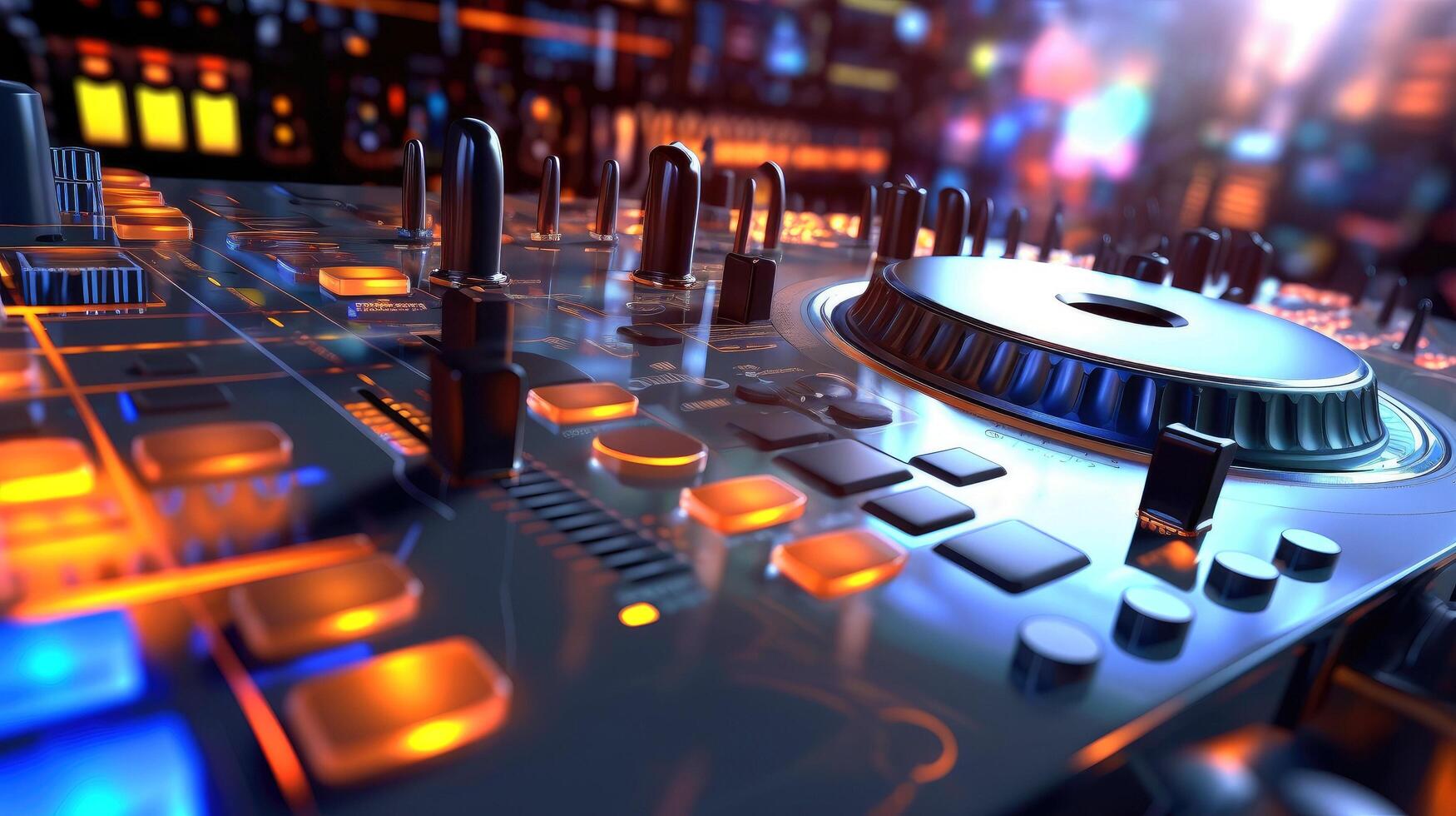 Sound panel for working in the studio and on TV projects. Close-up of the Mixing console. mixing knobs. mix musical tracks on techno party in night club. blurred concept, illustration photo