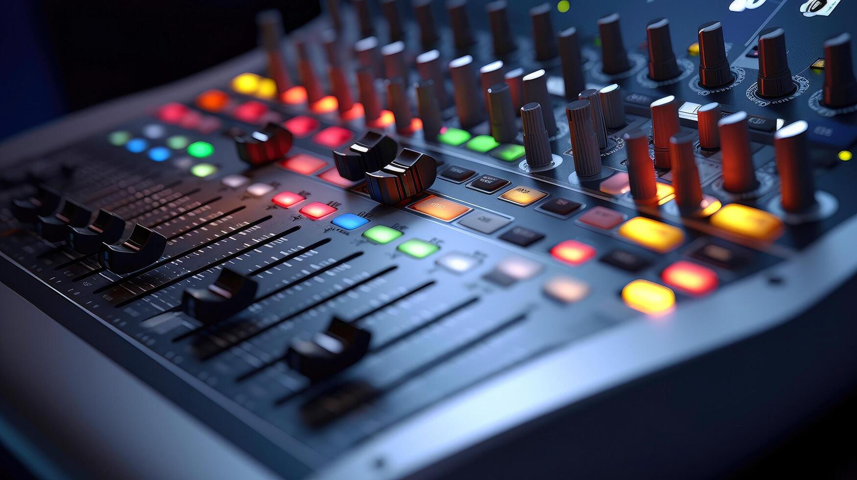 Sound panel for working in the studio and on TV projects. Close-up of the Mixing console. mixing knobs. mix musical tracks on techno party in night club. blurred concept, illustration photo