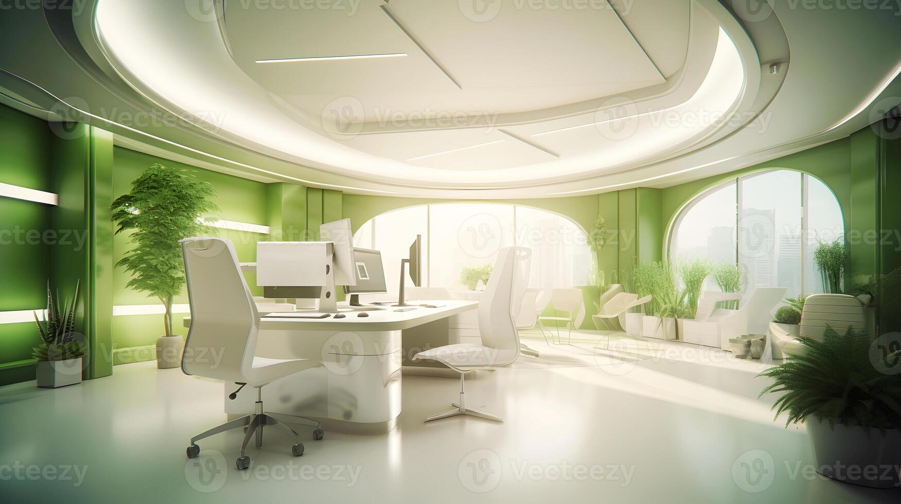 Modern futuristic interior office design with warm tones of green. Futuristic conference room interior. Workplace and corporate concept. 3d rendering, illustration photo