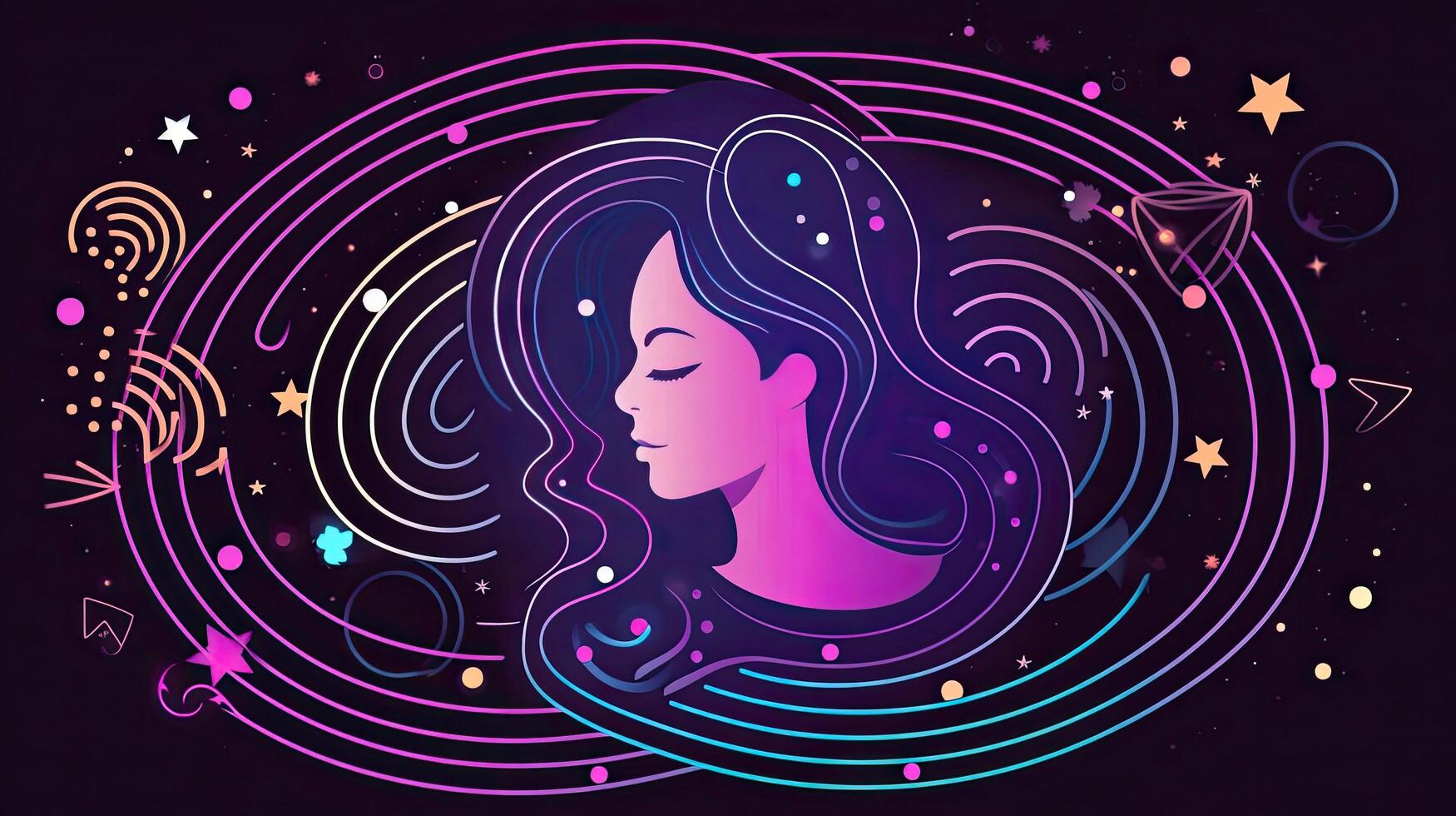 Peaceful woman with third eye employs intuition in decisions. Psychic girl considers mind and heart. Spirituality, esotericism. illustration in cartoon style, illustration photo