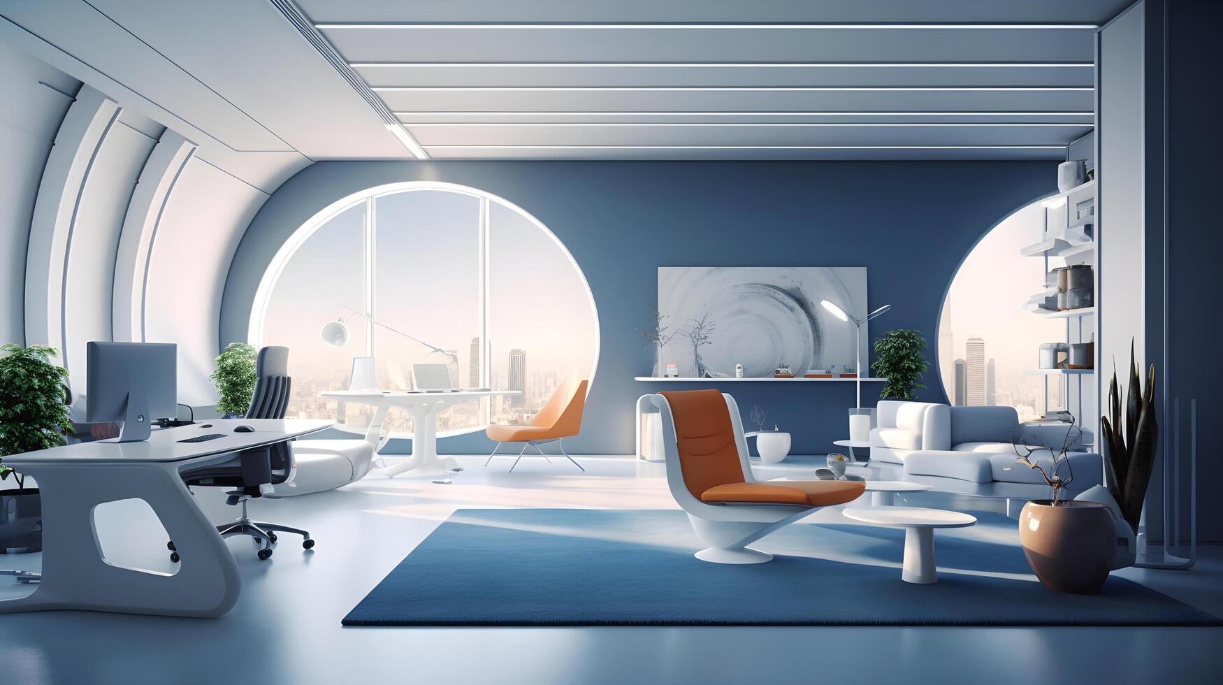 moderno futurista interior oficina diseño con calentar tonos de azul. futurista conferencia habitación interior. lugar de trabajo y corporativo concepto. 3d representación, generativo ai ilustración foto