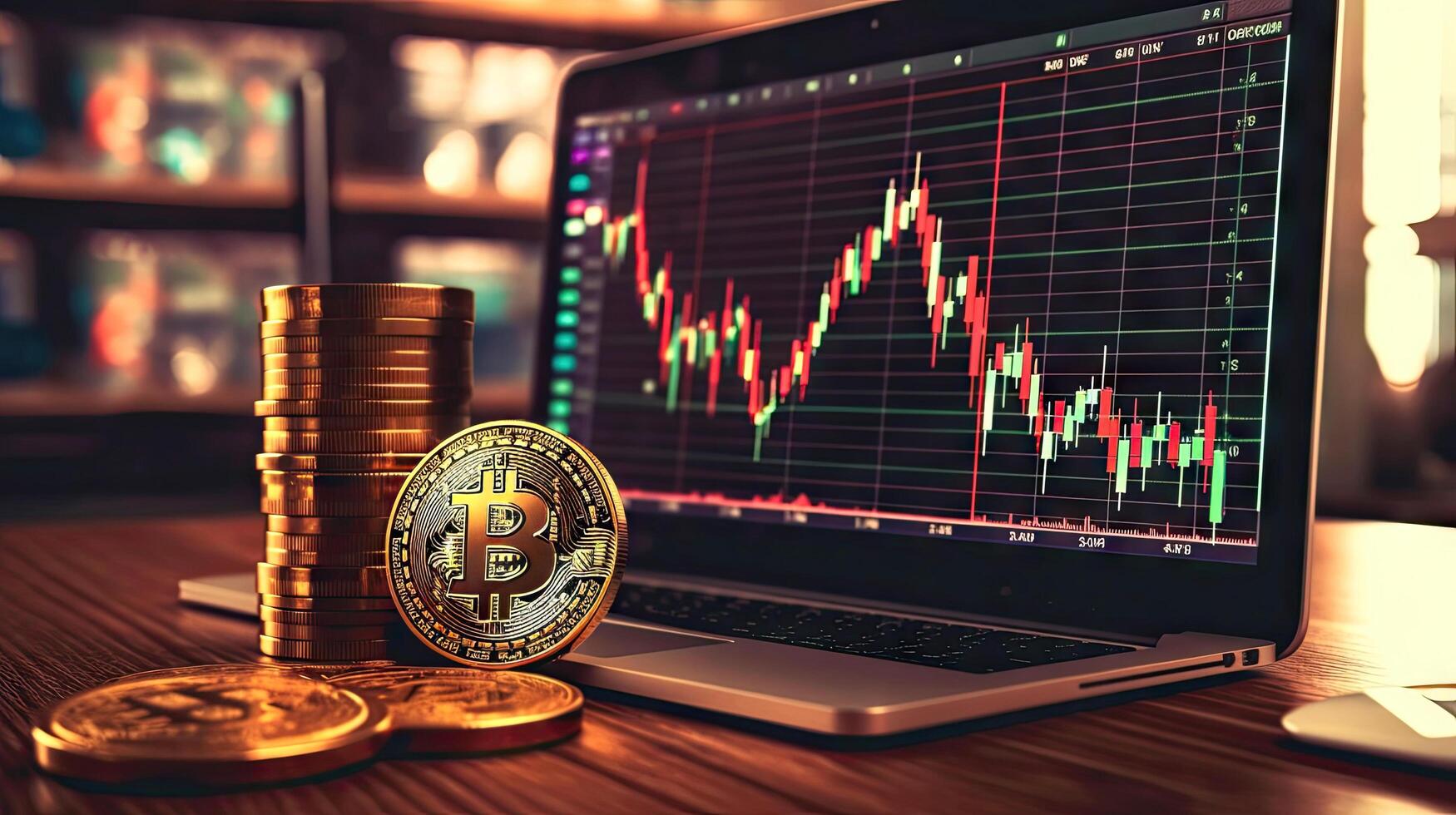 Gold coin with bitcoin symbol on candlestick chart background, dark, bokeh, blurred concept, illustration photo