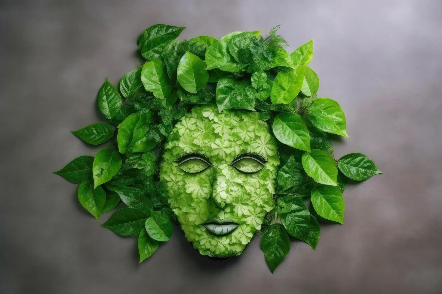 Abstract environment conservation leaves art style of green nature and eco friendly concept idea. plants with leaves forming brain, illustration photo