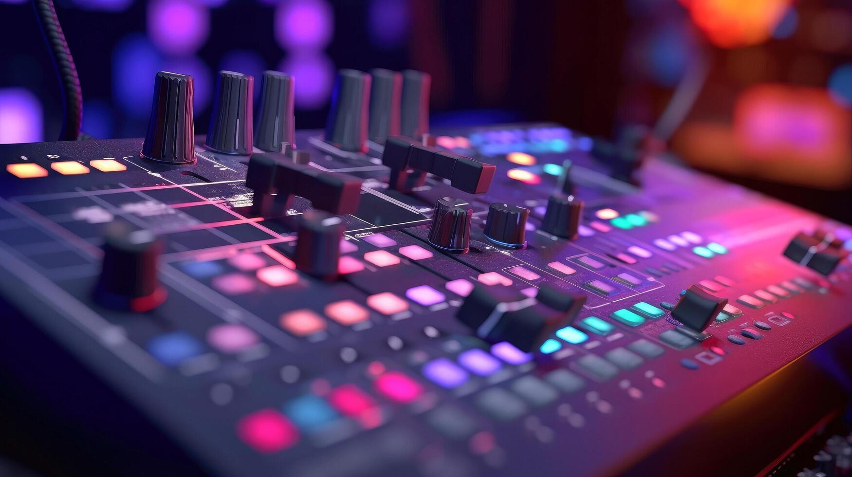 Sound panel for working in the studio and on TV projects. Close-up of the Mixing console. mixing knobs. mix musical tracks on techno party in night club. blurred concept, illustration photo