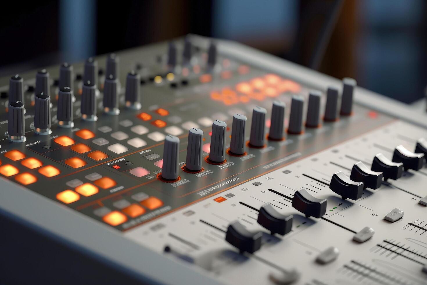 Sound panel for working in the studio and on TV projects. Close-up of the Mixing console. mixing knobs. mix musical tracks on techno party in night club. blurred concept, illustration photo