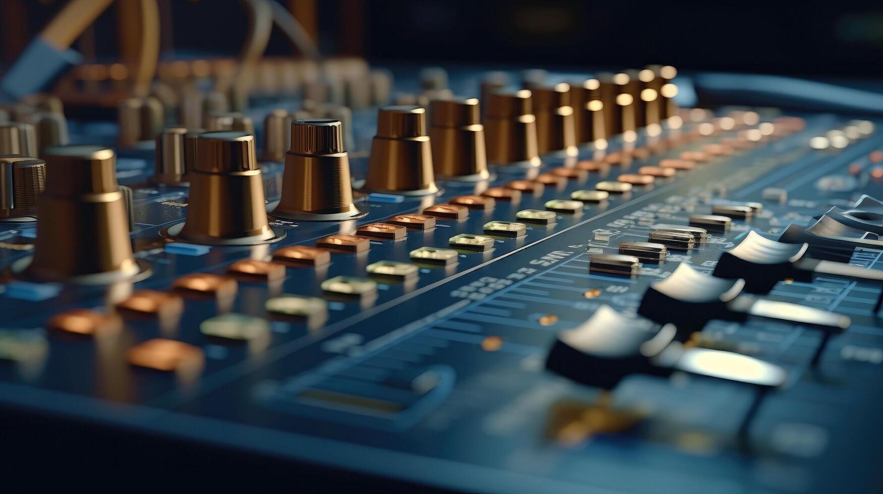 Sound panel for working in the studio and on TV projects. Close-up of the Mixing console. mixing knobs. mix musical tracks on techno party in night club. blurred concept, illustration photo