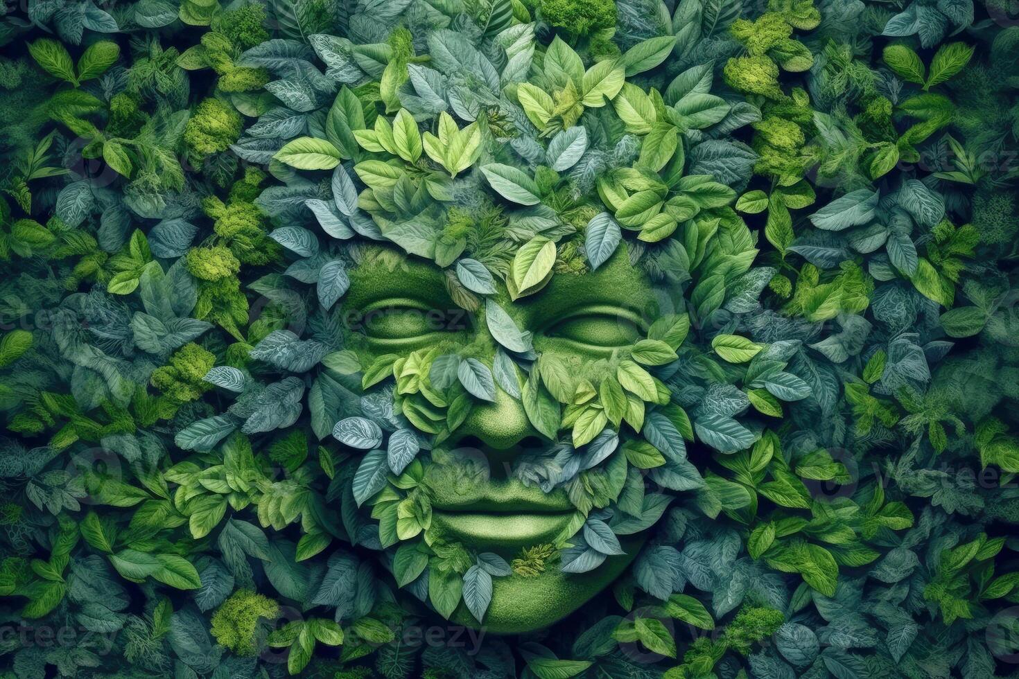 Abstract environment conservation leaves art style of green nature and eco friendly concept idea. plants with leaves forming brain, illustration photo