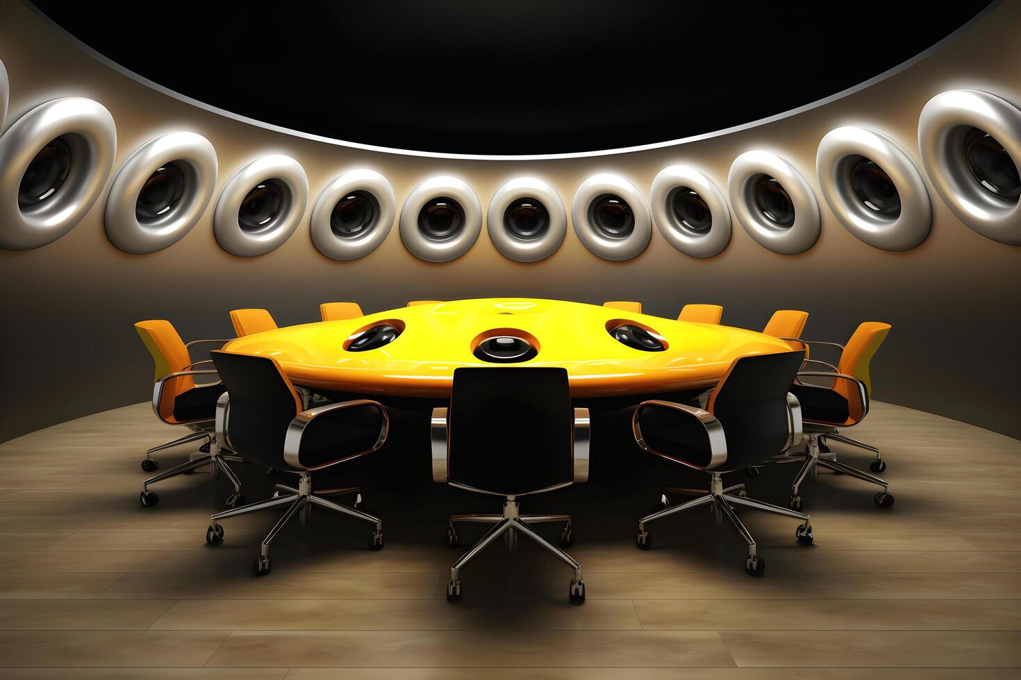 Modern sci-fi futuristic interior office design. Futuristic conference room interior. Workplace and corporate concept. illustration photo