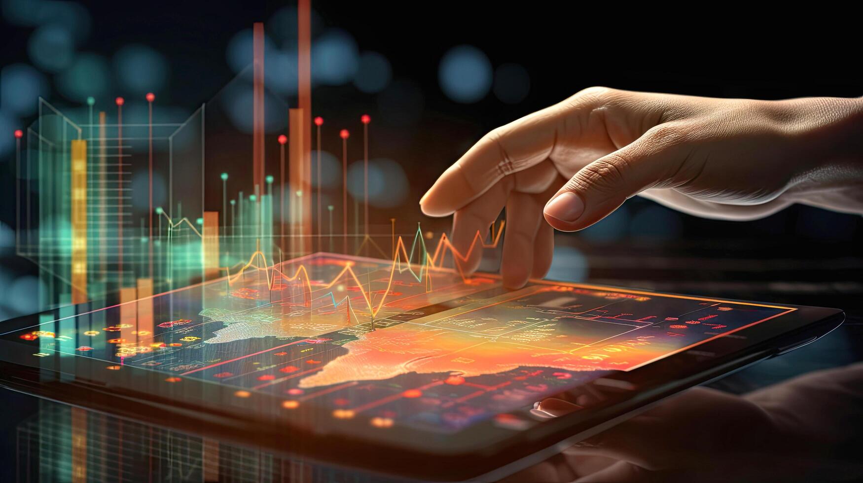Businessman hand using digital tablet and showing a growing virtual hologram of statistics, graph and chart with arrow up on dark background. blurred concept, illustration photo