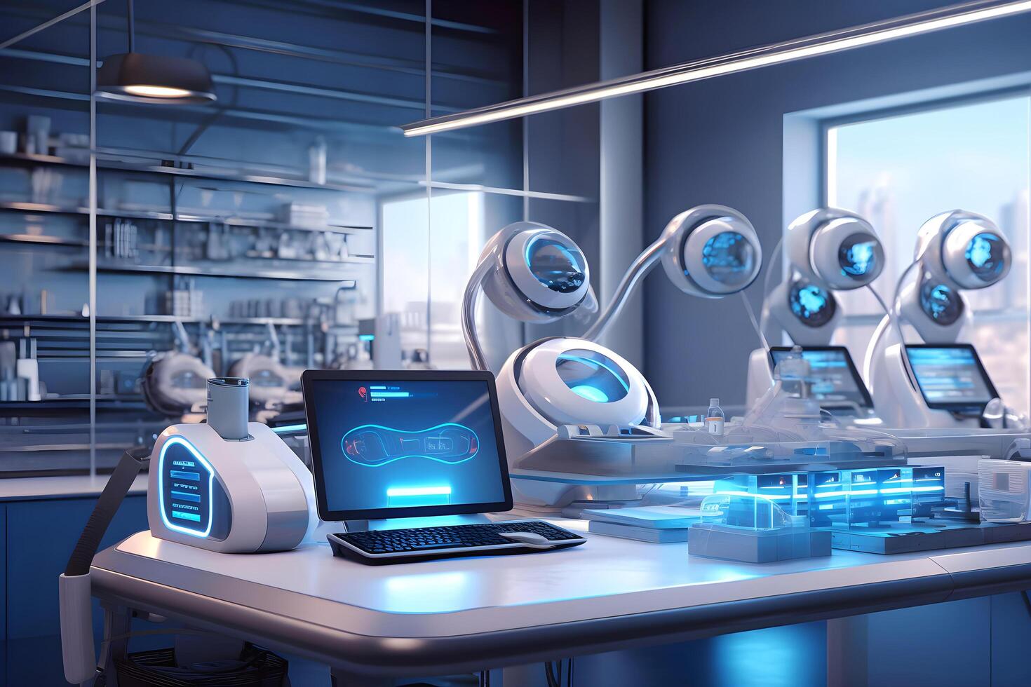 Modern sci-fi futuristic interior office design. Futuristic conference room interior. Workplace and corporate concept. illustration photo
