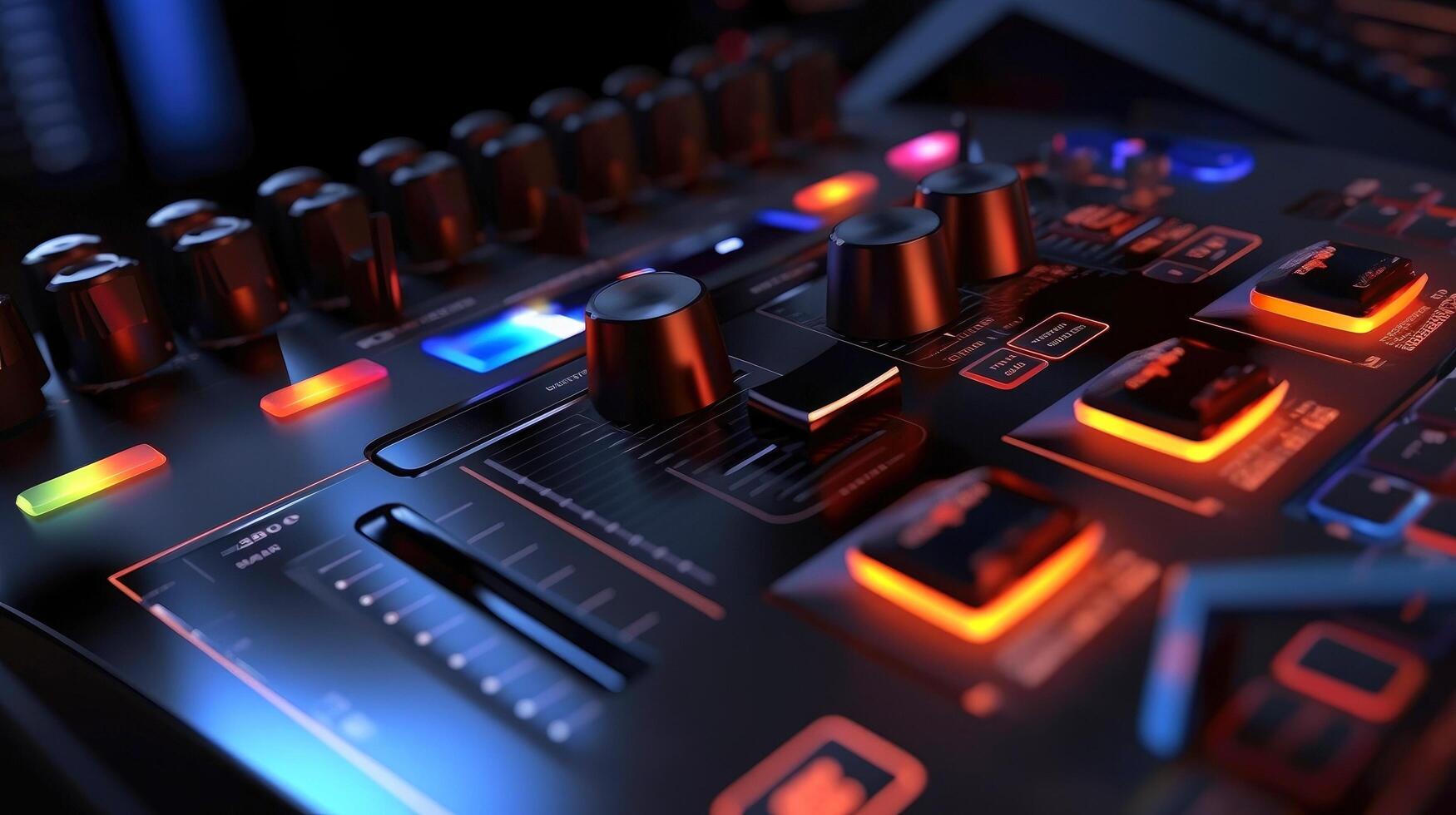 Sound panel for working in the studio and on TV projects. Close-up of the Mixing console. mixing knobs. mix musical tracks on techno party in night club. blurred concept, illustration photo