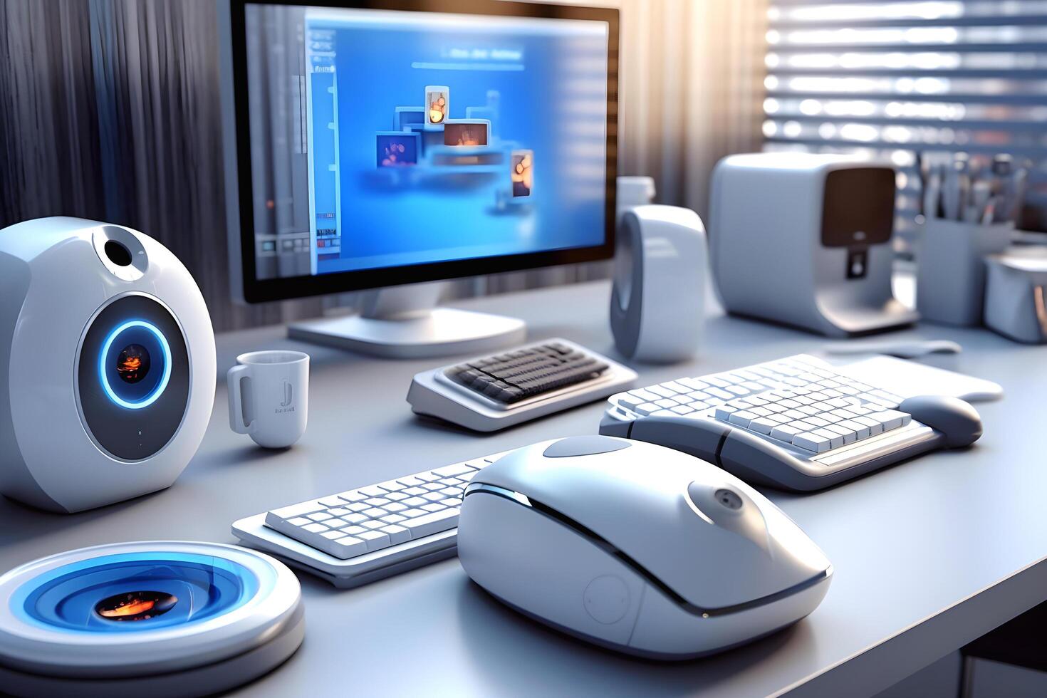 Modern sci-fi futuristic interior office design. Futuristic conference room interior. Workplace and corporate concept. illustration photo