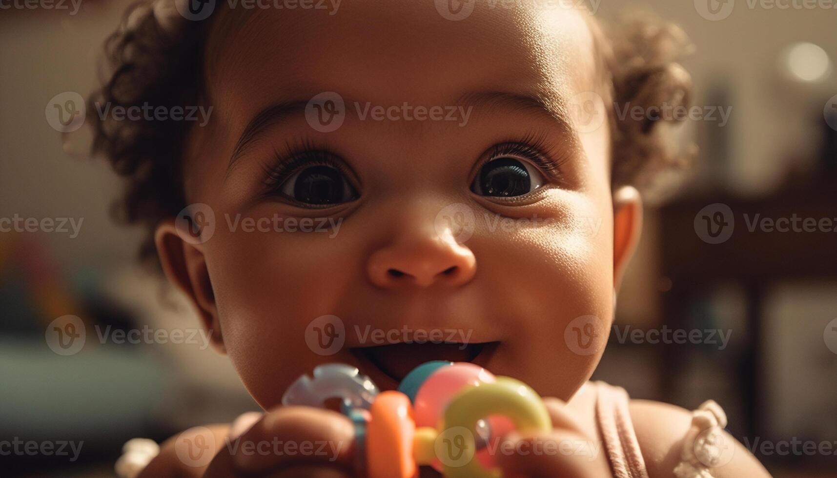 Cheerful baby girl playing with multi colored toy generated by AI photo