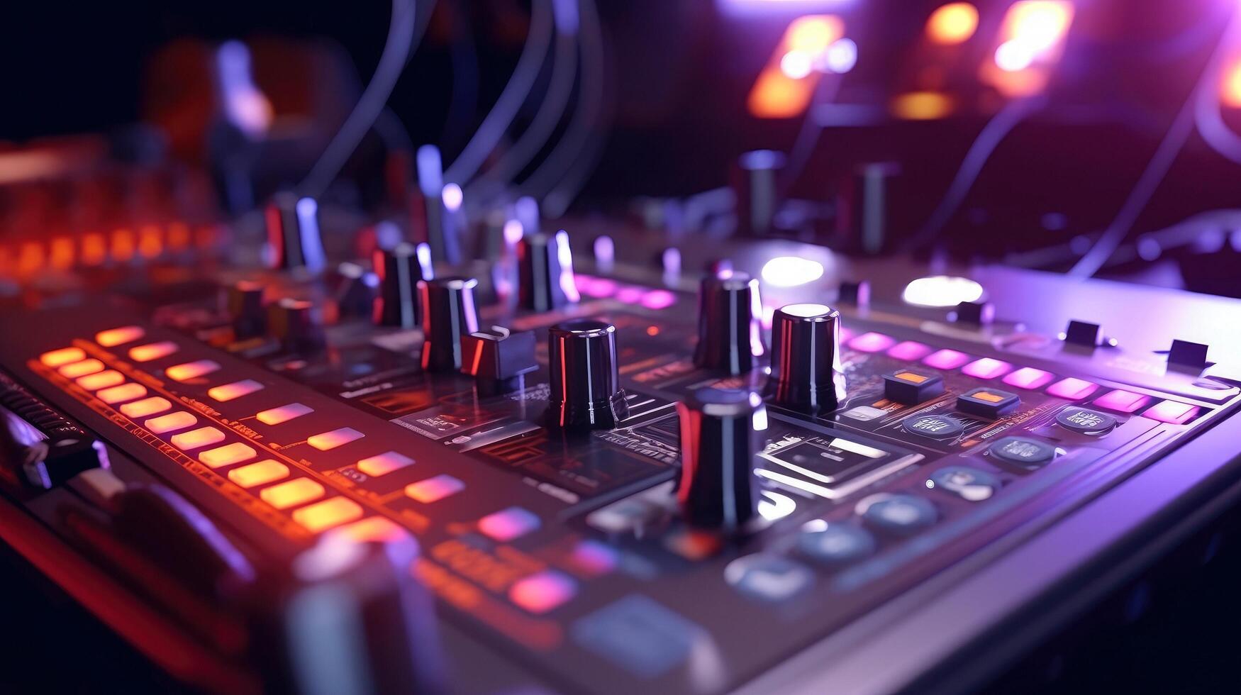 Sound panel for working in the studio and on TV projects. Close-up of the Mixing console. mixing knobs. mix musical tracks on techno party in night club. blurred concept, illustration photo