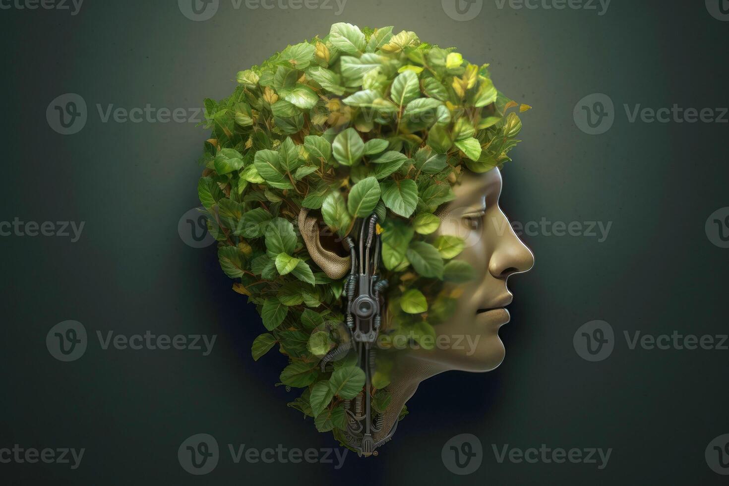 Abstract environment conservation leaves art style of green nature and eco friendly concept idea. plants with leaves forming brain, selective focus, illustration photo