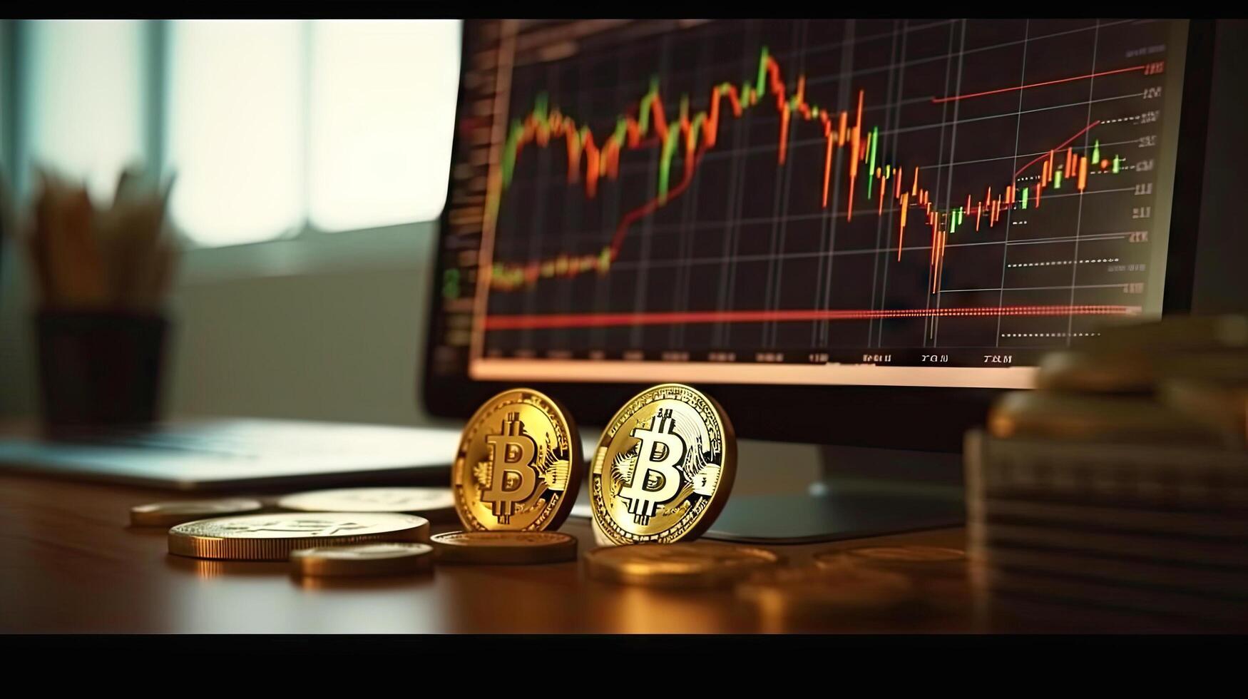 Gold coin with bitcoin symbol on candlestick chart background, dark, bokeh, blurred concept, illustration photo