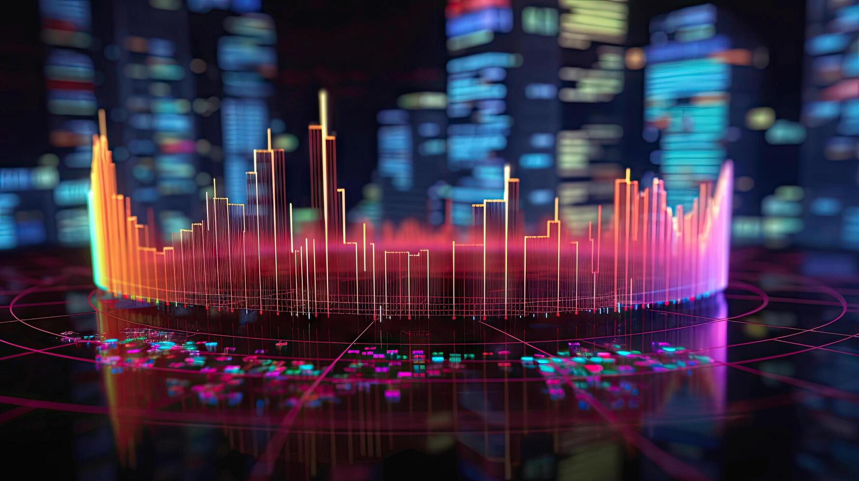 Smartphone or tablet showing a growing virtual hologram of statistics, graph and chart with arrow up on dark background. blurred concept, illustration photo